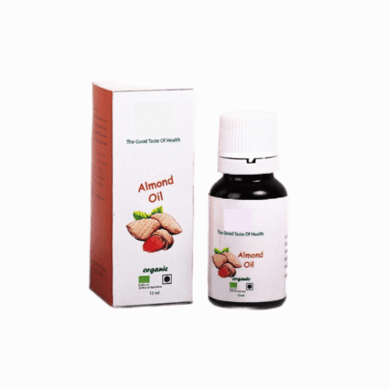 Organic almond oil in a dropper bottle and box, supporting natural health and a wellness lifestyle with high-quality products.