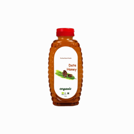 A bottle of organic Date Honey with a red cap, offering a wellness lifestyle choice through high-quality organic products.