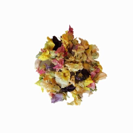 Vibrant mixed dried mallow flowers, part of our high-quality organic and conventional products for a natural health lifestyle.