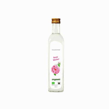 Clear glass bottle of organic Rose Water, featuring high-quality organic and conventional products for natural health.