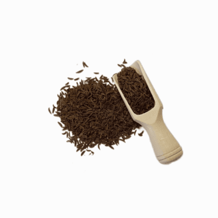 A wooden scoop with whole caraway seeds, highlighting high-quality organic products and natural health.