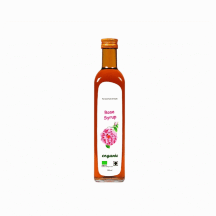 A glass bottle of organic Rose Syrup, highlighting high-quality organic and conventional products for natural health.