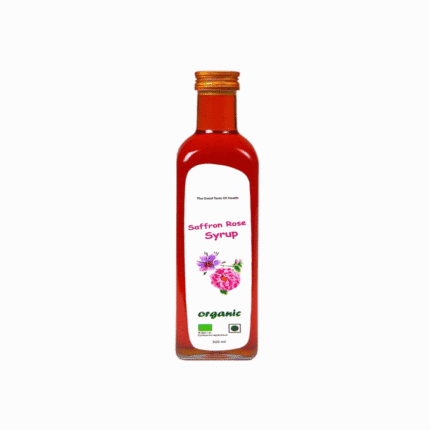 Organic saffron rose syrup in a glass bottle, a high-quality product for a natural health and wellness lifestyle.