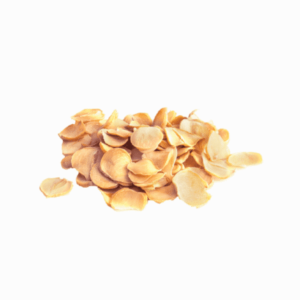 Dried organic garlic slices piled on a white background, high-quality products for a natural health and wellness lifestyle.