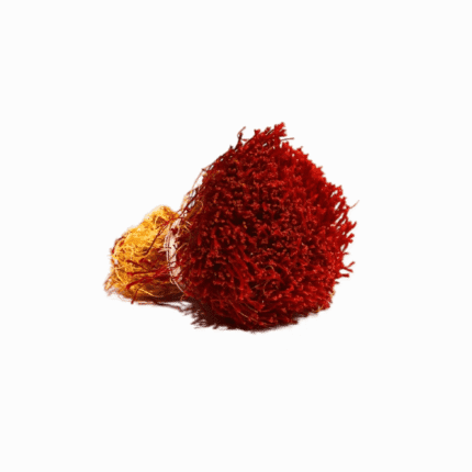 A bunch of deep red Daste saffron threads, promoting natural health through high-quality organic products.