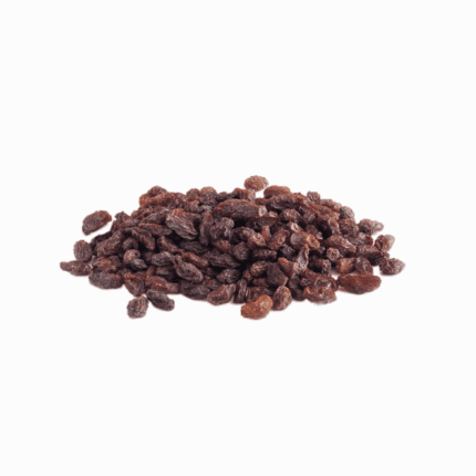 A pile of dark, sun-dried organic raisins, perfect as a natural snack for a healthy wellness lifestyle.