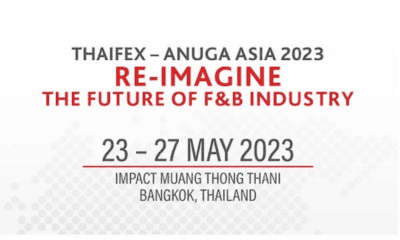 Poster for THAIFEX – Anuga Asia 2023 in Bangkok, highlighting future F&B industry trends and wellness nutrition.
