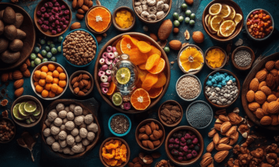 Assorted nuts and organic dried fruits in wooden bowls, highlighting high-quality products for a wellness lifestyle.