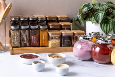 Organized spice rack with labeled jars of turmeric and cinnamon, showing high-quality organic products for a natural health lifestyle.