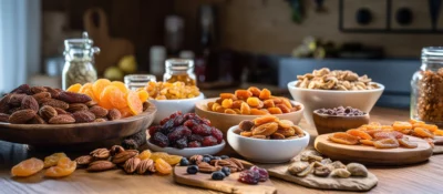 Variety of high-quality organic products like dried fruits and nuts in bowls for a natural health wellness lifestyle.