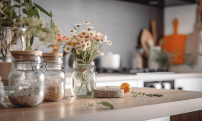 Fresh daisies in a glass jar beside organic products in glass containers, promoting a natural health and wellness lifestyle.