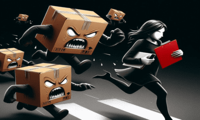 Woman with a red clipboard running from aggressive cardboard box monsters, symbolizing the pursuit of stress management.