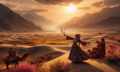 A woman in traditional dress dancing at sunset in a desert landscape, celebrating local culture and a wellness lifestyle.