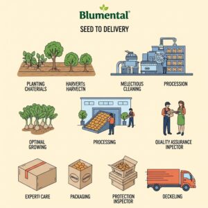 Step-by-step process of producing Blumental organic products, from optimal growing to expert delivery for wellness.