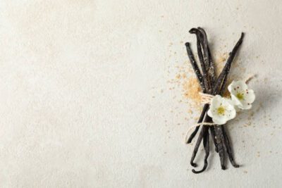 Dried vanilla beans with white flowers and brown sugar, showcasing organic products for a natural health wellness lifestyle.