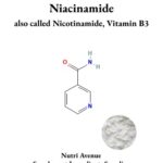 Eine Abbildung, die die chemische Struktur von Niacinamid (auch bekannt als Nicotinamid oder Vitamin B3) zeigt, mit einem Pyridinring, der an eine Amidgruppe gebunden ist.