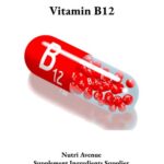Eine Abbildung einer rot-durchsichtigen Kapsel mit der Aufschrift „B12“, die mit kleinen roten B12-Kügelchen gefüllt ist, mit dem Text „Vitamin B12“ darüber und „Nutri Avenue Supplement Ingredients Supplier“ darunter.