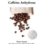 Caffeine Anhydrous powder shown next to a burlap bag of roasted coffee beans.