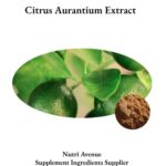 Ein Bild mit der Aufschrift „Citrus Aurantium Extract“ oben und „Nutri Avenue Supplement Ingredients Supplier“ unten. In der Mitte befindet sich ein ovaler Ausschnitt mit grünen Bitterorangen an einem Zweig, daneben ein kleiner runder Einsatz mit einem feinen, hellbraunen Pulverextrakt. 