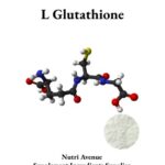 Ein dreidimensionales Kugel-Stab-Molekülmodell von L-Glutathion mit einer kleinen kreisförmigen Einlage, die die Verbindung als weißes Pulver zeigt. Oben steht „L-Glutathion“ und unten „Nutri Avenue Supplement Ingredients Supplier“. 
